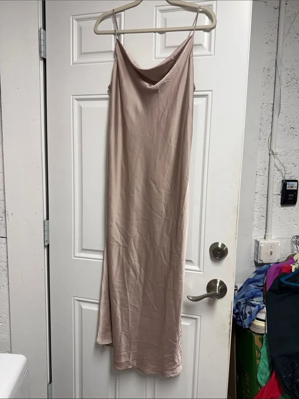 Silky Cowl Neck Slip Dress Blush Nude LAVENDER BROWN - Size Medium - LIKE NEW